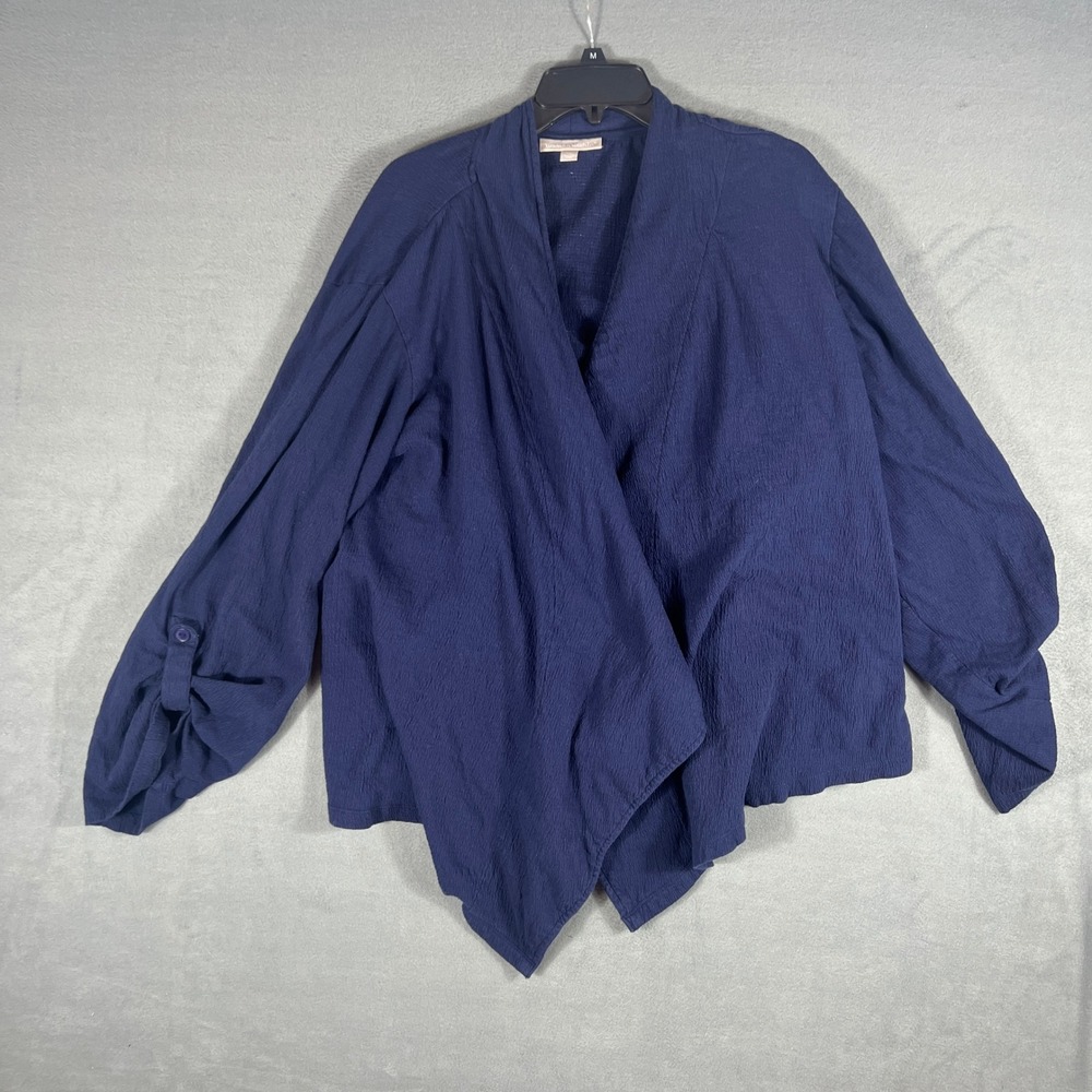 Woman Within Womens Cardigan 26/28 2X Navy Blue Draped Open Front Roll Tab